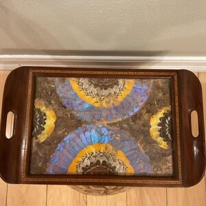 Mid Century Inlaid Wood Tray w/ Morpho Butterfly Wings Mosaic Under Glass 18x11